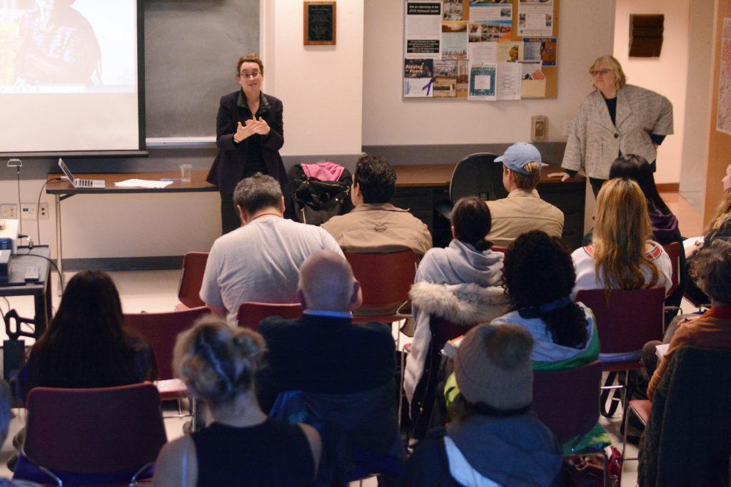 Estelle Tarica (top – left) gives a lecture at the Jewish studies department at SF State on Thursday, Nov. 29, 2018. Tarica, an associate professor of Spanish at UC Berkeley, spoke on Holocaust testimony and how it has influenced Maya testimony from post-